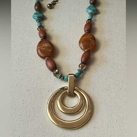 Boho Statement Necklace – Gold Pendant, Turquoise & Acrylic Beads - Picture 2 of 7